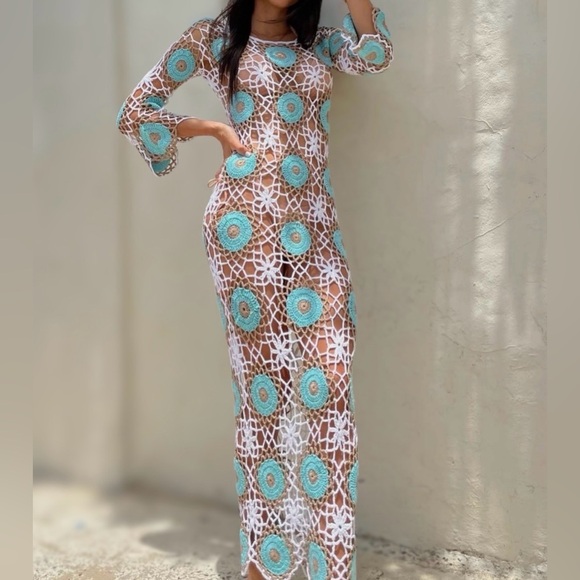 Dresses & Skirts - Crochet Maxi Dress with Blue Floral Accents